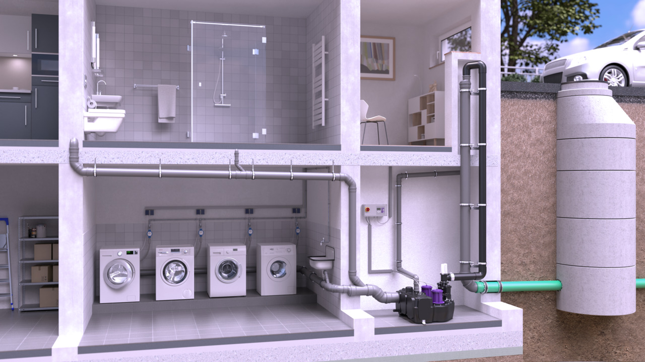 Voorbeeld van de installatie van een <em>Aqualift </em>L-opvoerinstallatie in een appartementencomplex Voorbeeld van de installatie van een <em>Aqualift </em>L-opvoerinstallatie in een appartementencomplex