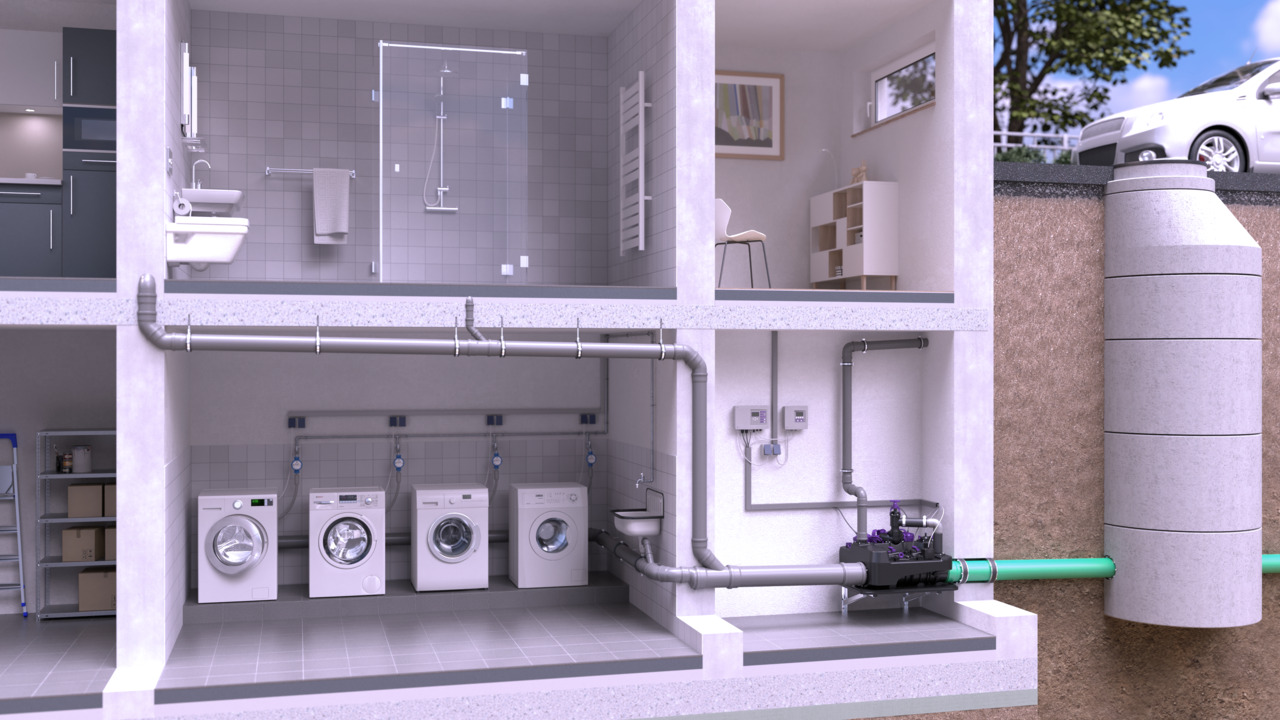 Voorbeeld van de installatie van een hybride opvoerinstallatie <em>Ecolift L</em> in een appartementencomplex Voorbeeld van de installatie van een hybride opvoerinstallatie <em>Ecolift L</em> in een appartementencomplex