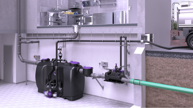 Installatievoorbeeld <em>Ecolift L</em> achter een vetafscheider Installatievoorbeeld <em>Ecolift L</em> achter een vetafscheider