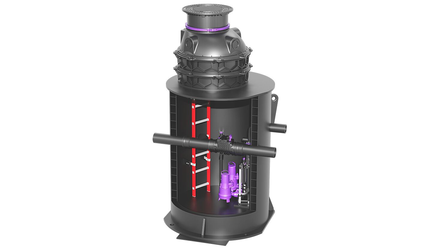 Productafbeelding van een hybride opvoerinstallatie in een spiraalbuisput, met een blik op de pompen en de doorstroomgoot.