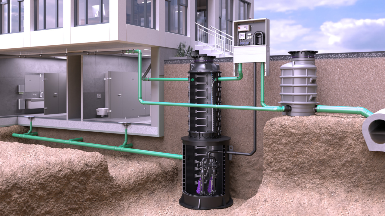 Weergave van de kelderverdieping van een kantoorgebouw met afwateringsinstallaties en een diepgelegen toevoer naar het pompstation buiten.