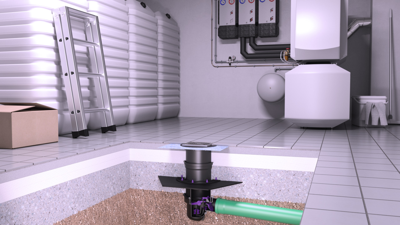 Installatievoorstel voor een kelderafvoer met een olie-/benzineafsluiter in een stookruimte Installatievoorstel voor een kelderafvoer met een olie-/benzineafsluiter in een stookruimte