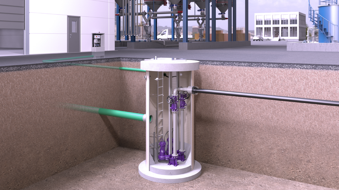 Afbeelding van een met glasvezel versterkte kunststof (GFK) put met pompen in de buitenruimte van een industriële installatie.