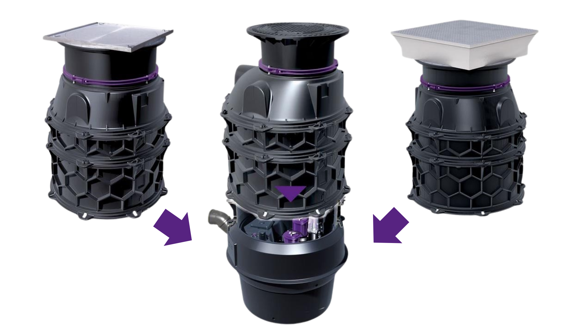 Weergave van een techniekmodule met pompen, met daarboven drie verschillende techniekmodules die onderling kunnen worden gecombineerd.