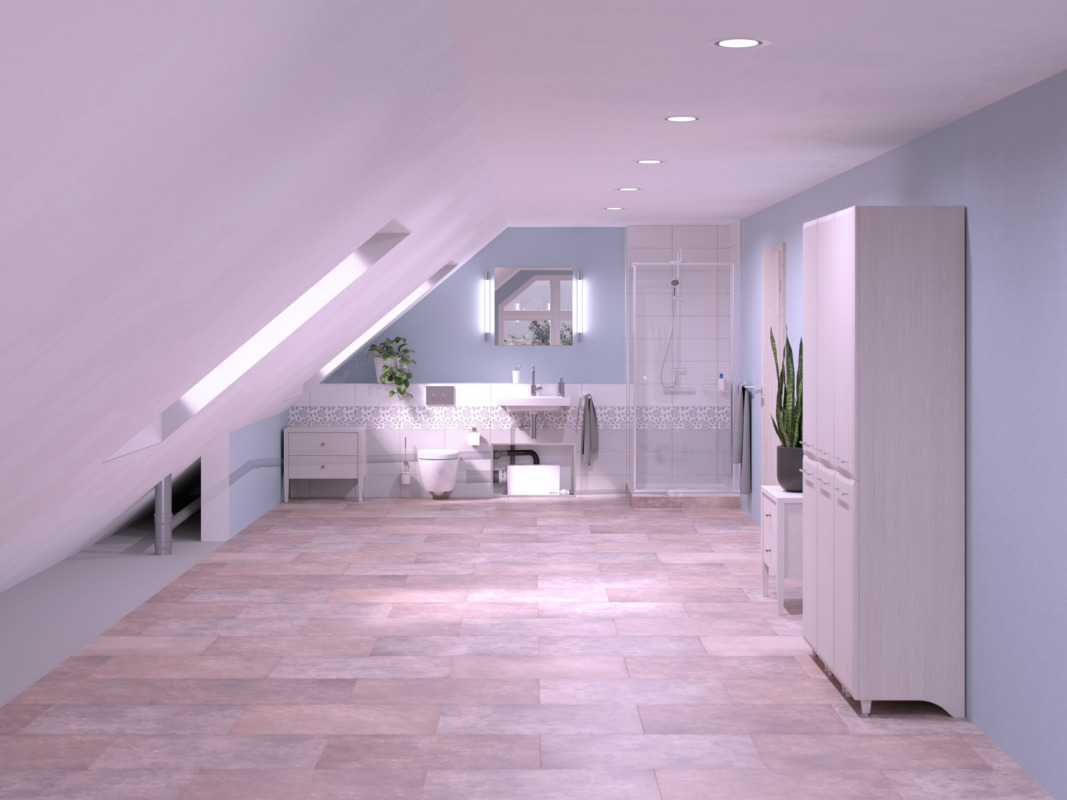 Inbouwweergave van een Minilift L WC-kleine opvoerinstallatie in een badkamer met schuin dak, voorzien van douche, wastafel en toilet. De Minilift L WC-kleine opvoerinstallatie is in een kast ingebouwd.