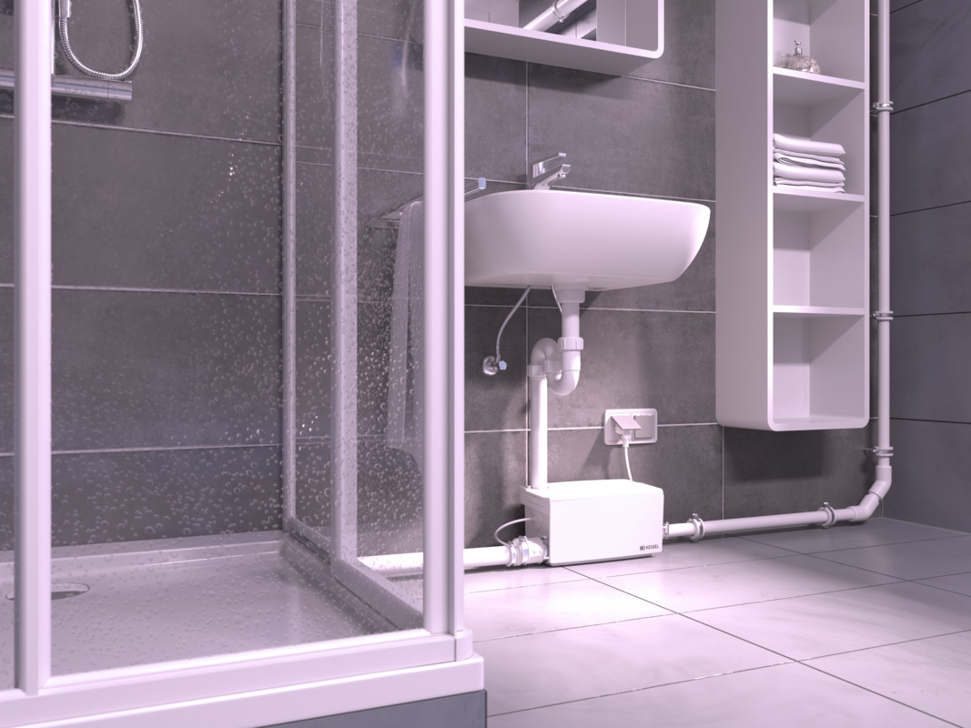 Minilift S-lift achteraf geïnstalleerd in een badkamer in de kelder.