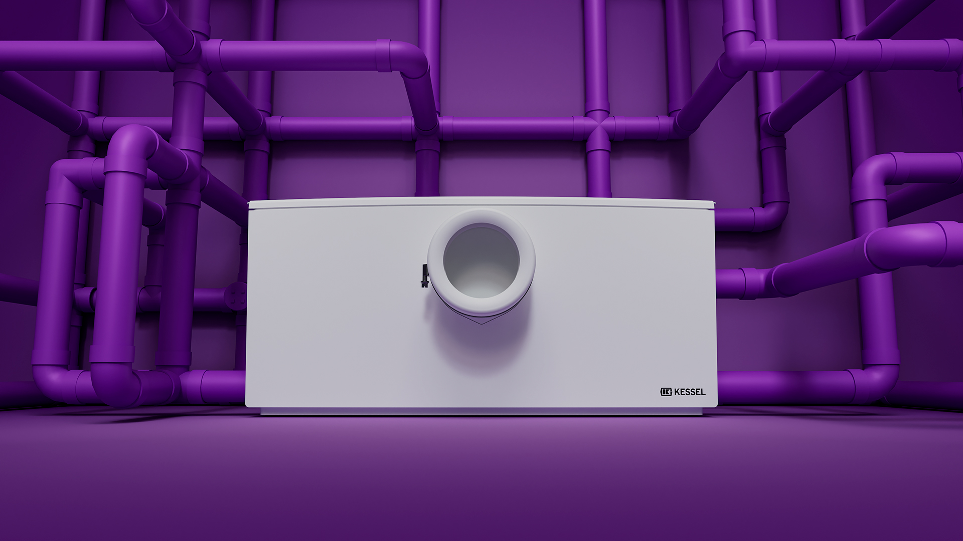 Een kleine opvoerinstallatie waarop talrijke leidingen vanuit alle mogelijke richtingen zijn aangesloten.