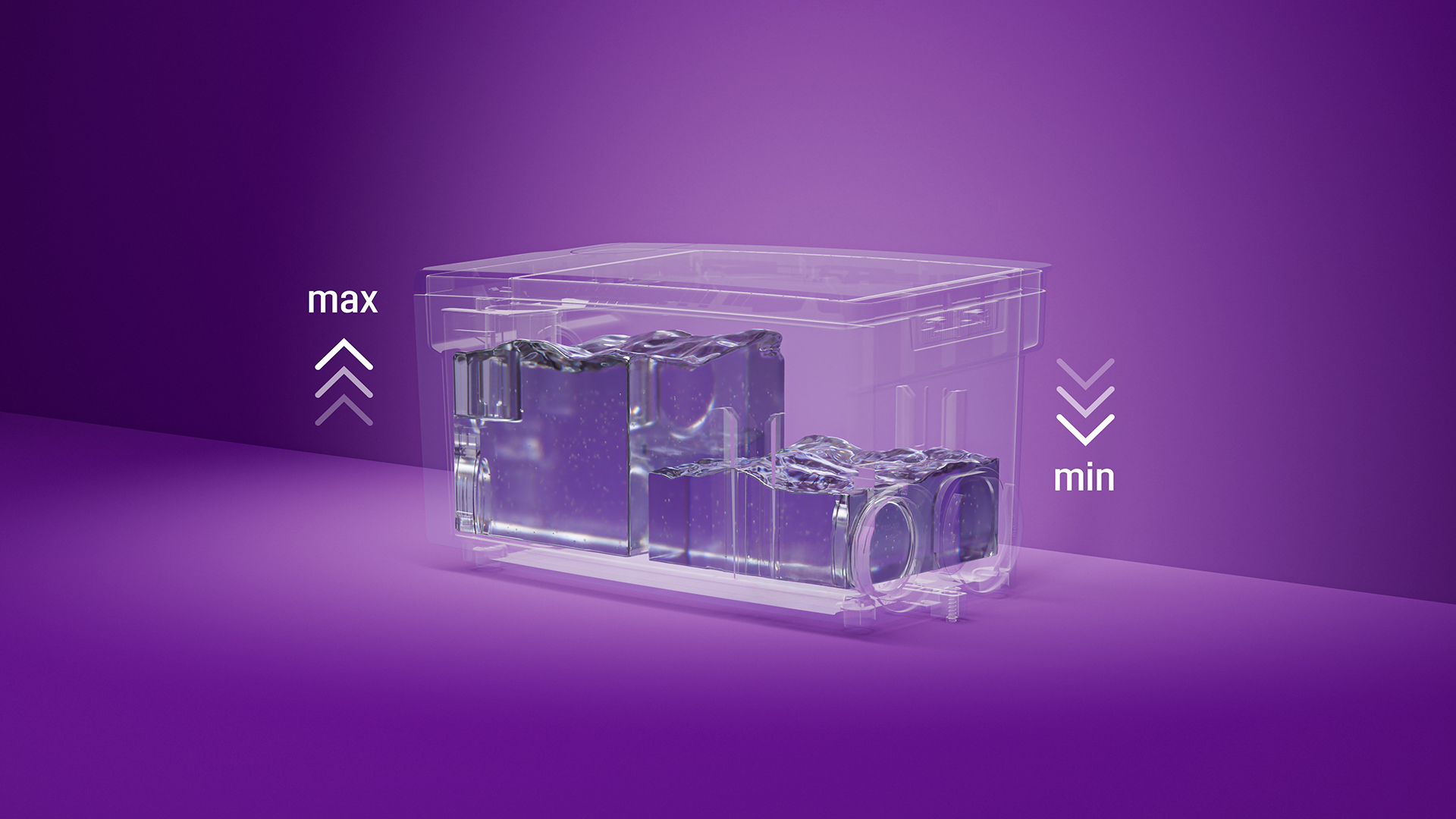 Afbeelding van een Minilift-reservoir waarbij het vulniveau aan de ene kant hoog is en aan de andere kant laag.