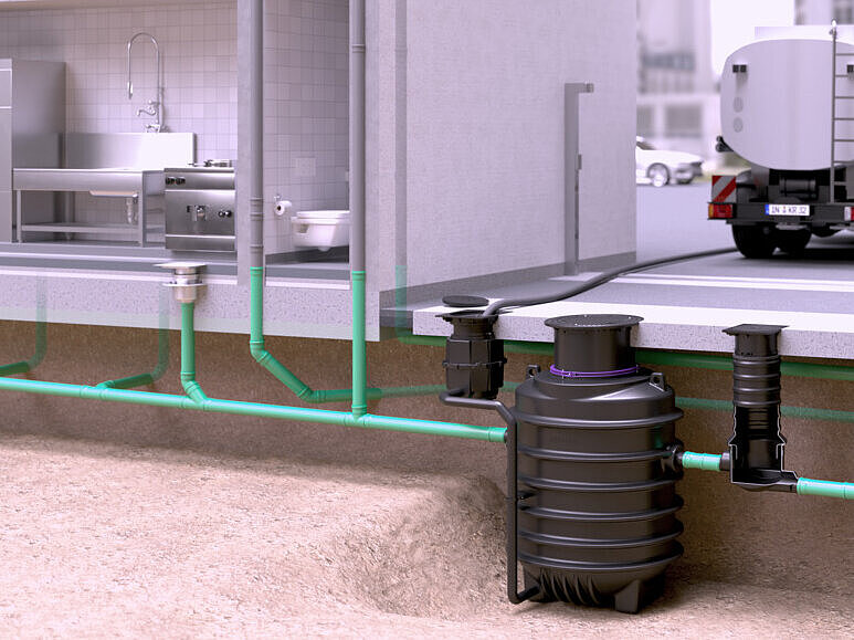 Inbouwvoorbeeld van de EasyClean ground-vetafscheider bij de afvalverwerking Inbouwvoorbeeld van de EasyClean ground-vetafscheider bij de afvalverwerking