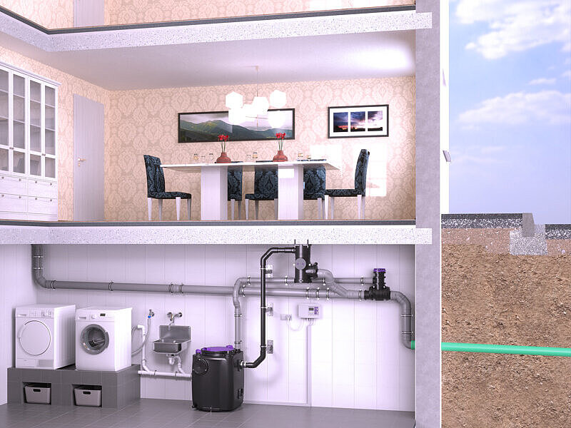 EBV CleverLoop en CleverVent Schets van de inbouw van een opvoerinstallatie in de kelder, waarbij de persleiding niet boven het terugstuwniveau wordt geleid, maar via de systeemafscheider CleverLoop, die onder het kelderplafond is gemonteerd.