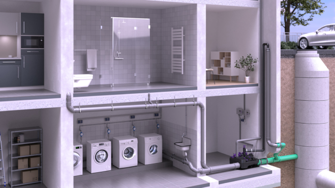 Installatievoorbeeld <em>van de Ecolift L</em> in een appartementencomplex Installatievoorbeeld <em>van de Ecolift L</em> in een appartementencomplex
