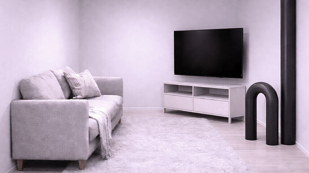 Schematische weergave van een woonkamer waarin verschillende buizen uit de vloer steken en de woonruimte verkleinen.