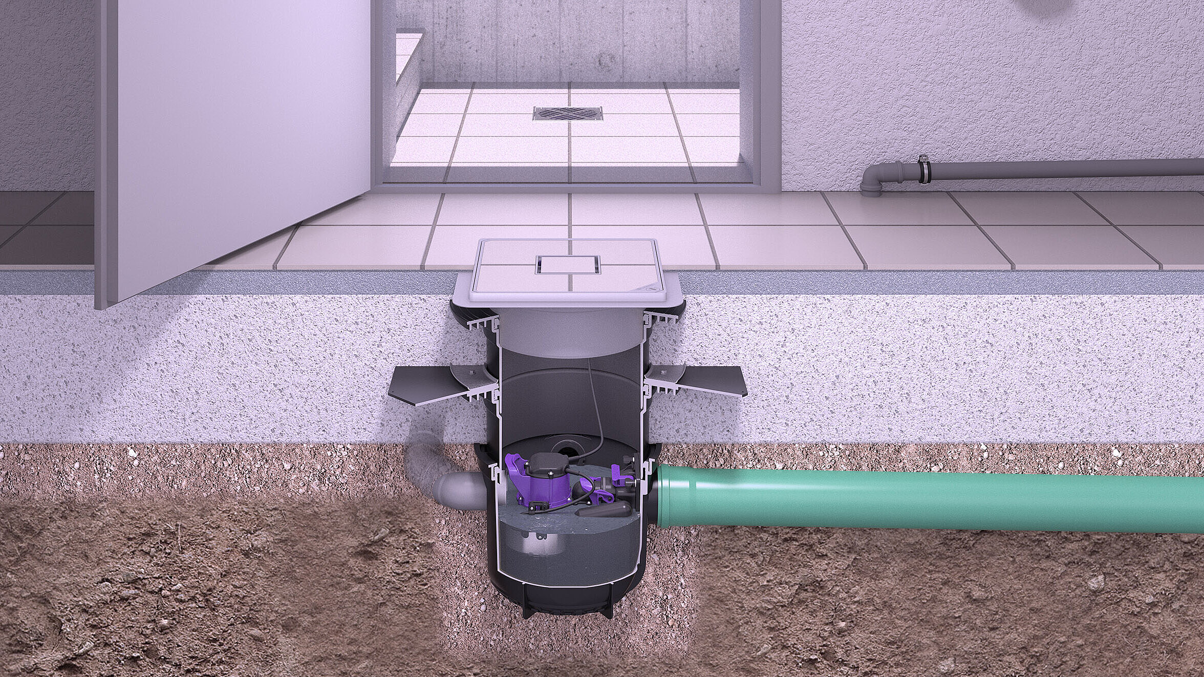 Inbouwvoorbeeld van de kelderafvoer Pumpfix S met toevoeren vanuit andere afvoerpunten Inbouwvoorbeeld van de kelderafvoer Pumpfix S met toevoeren vanuit andere afvoerpunten