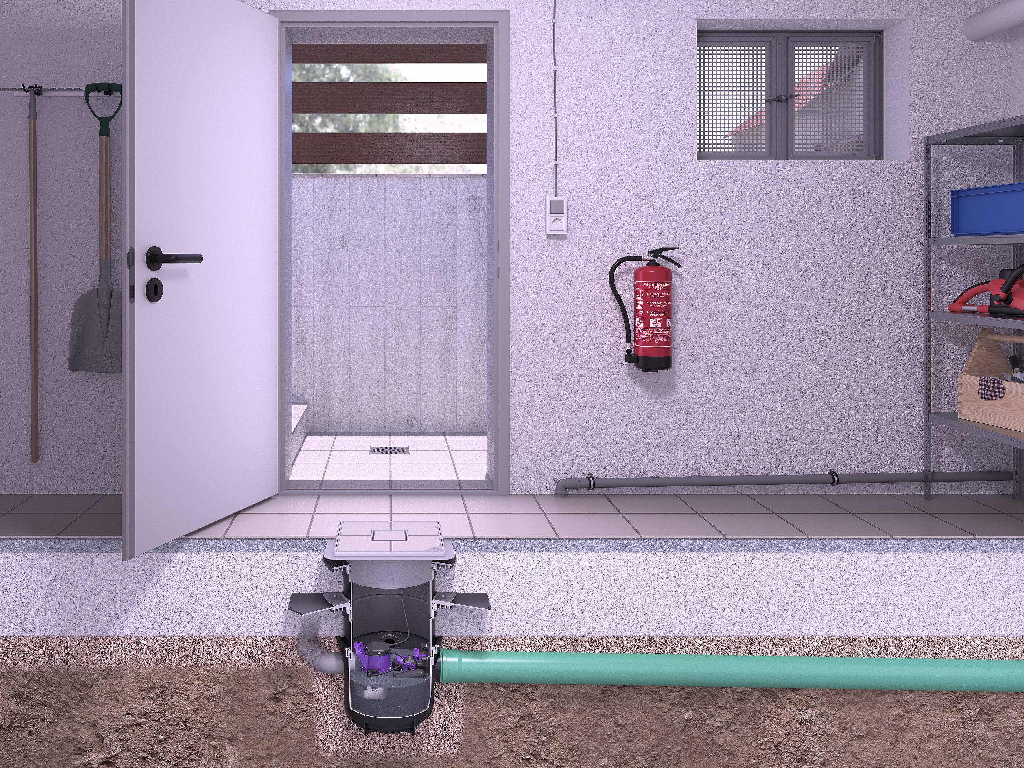 Inbouwvoorbeeld van de Pumpfix S Underfloor in een kelder