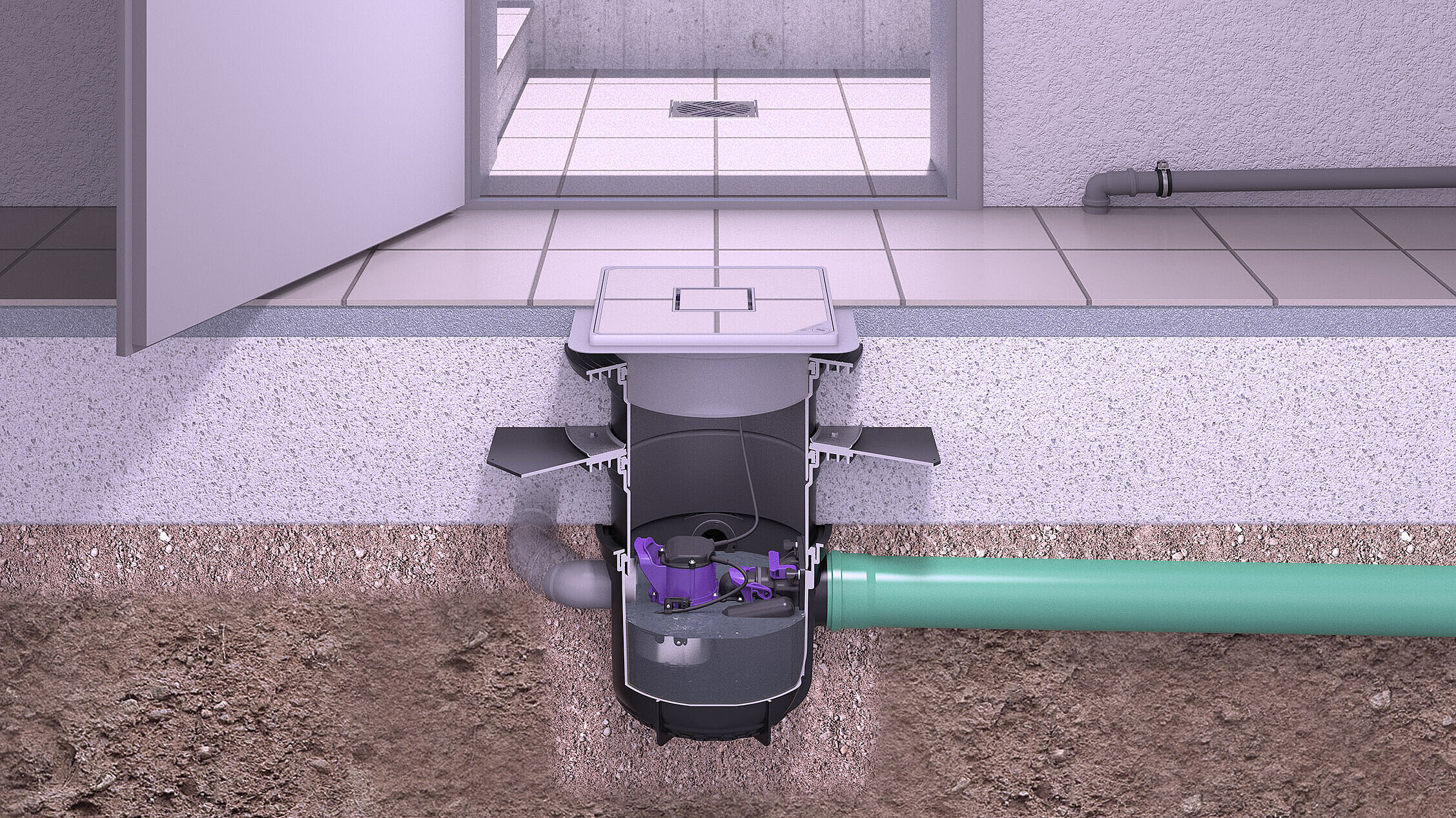 Schéma de montage du siphon de cave Pumpfix S Underfloor avec arrivées de zones d'écoulement supplémentaires