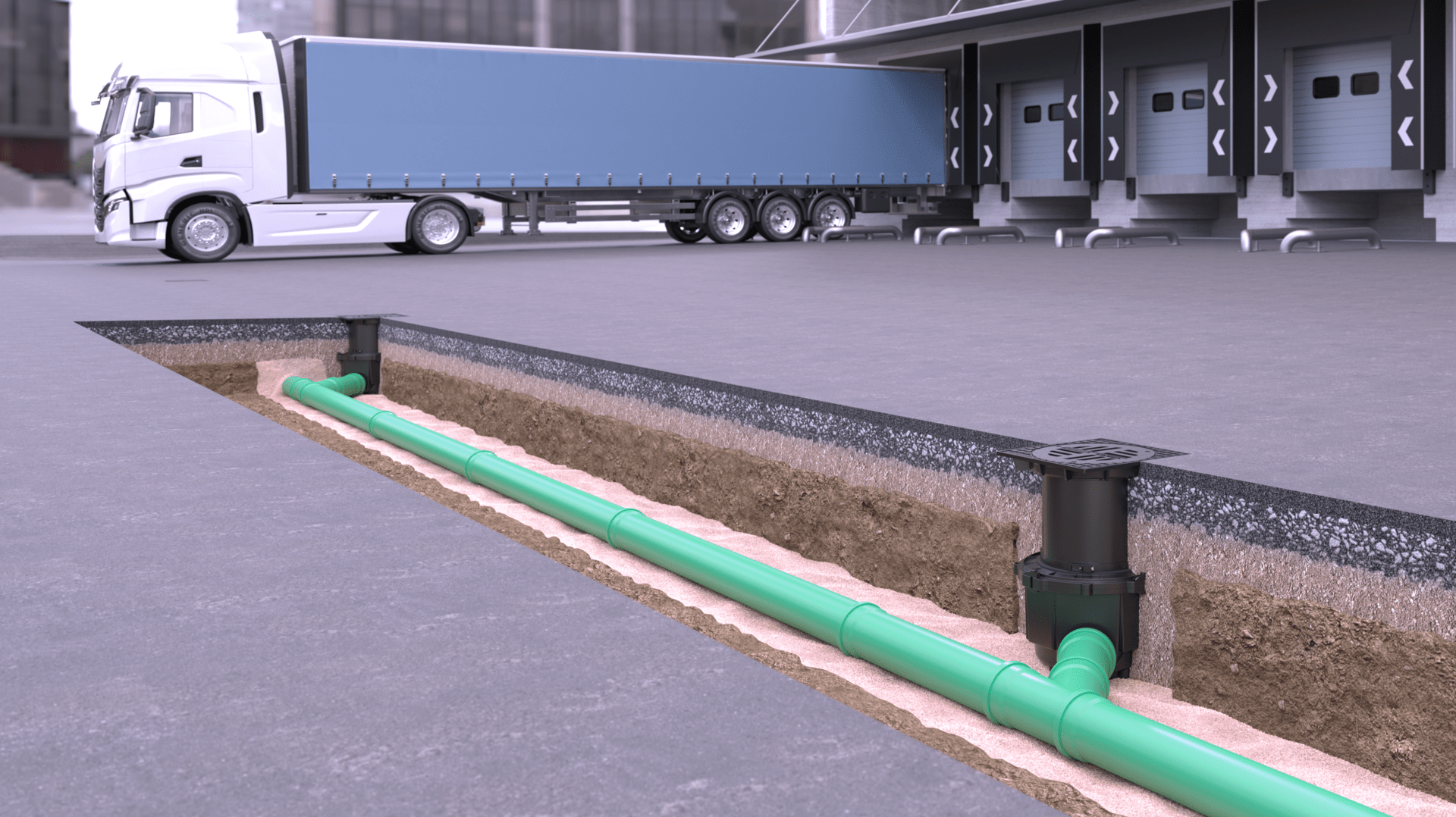 Inbouwvoorbeeld van de erfafvoer systeem 400, robuust en belastbaar Inbouwvoorbeeld van de erfafvoer systeem 400, robuust en belastbaar