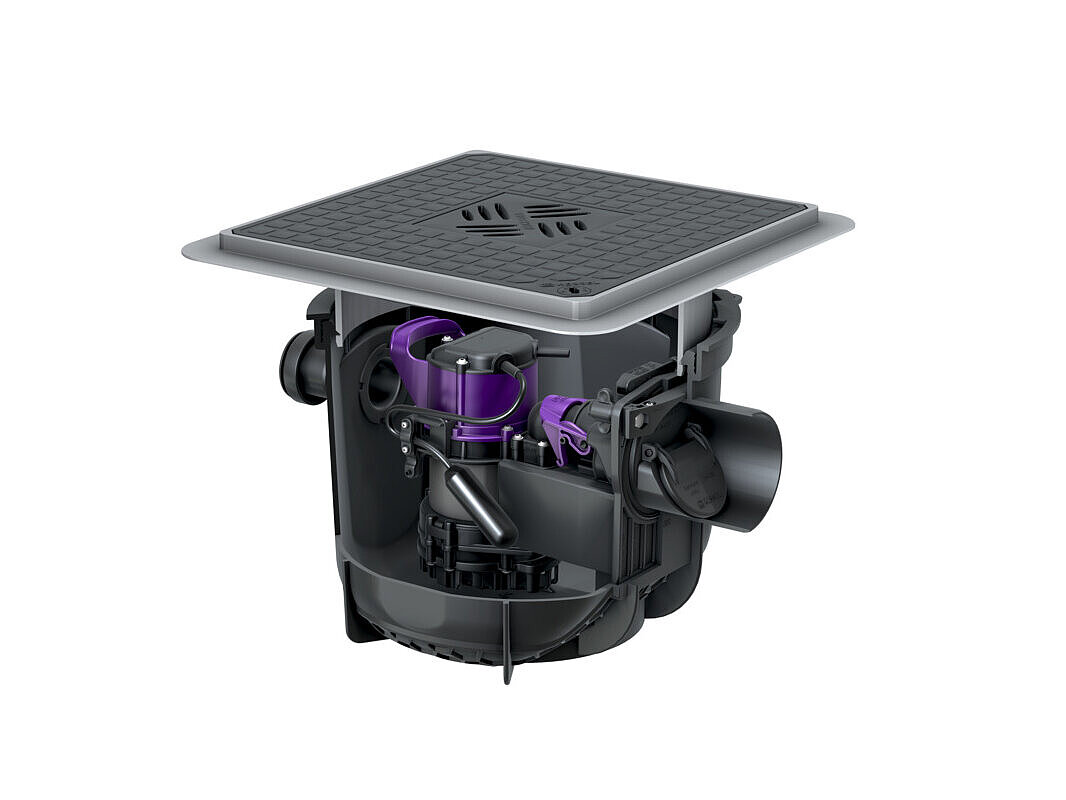 Kelderafvoer Pumpfix S voor vloerinbouw, met zwarte afdekking Kelderafvoer Pumpfix S voor vloerinbouw, met zwarte afdekking