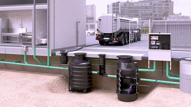 Voorstel voor de installatie van een EasyClean ground Oval Direct-vetafscheider, gevolgd door een Aquapump XL duo-pompstation in de techniekschacht Voorstel voor de installatie van een EasyClean ground Oval Direct-vetafscheider, gevolgd door een Aquapump XL duo-pompstation in de techniekschacht