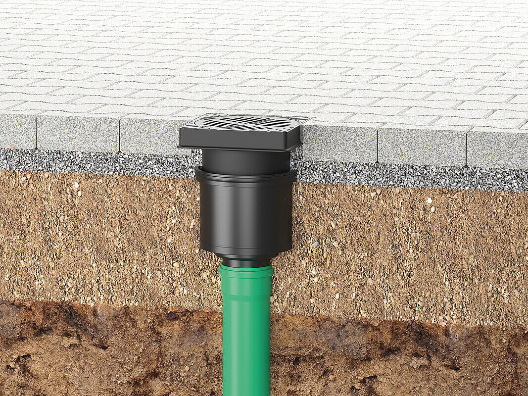 Inbouwvoorbeeld van de erfafvoer Ecoguss 200 met verticale uitloop Inbouwvoorbeeld van de erfafvoer Ecoguss 200 met verticale uitloop