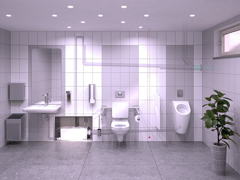 Badkamer in de kelder met wastafel, urinoir en toilet, die via een kleine opvoerinstallatie in de voorwand worden afgevoerd.
