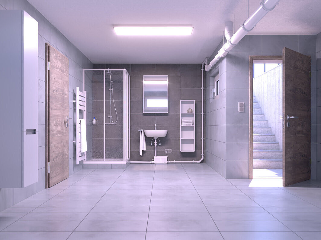 Minilift S-lift achteraf geïnstalleerd in een badkamer in de kelder.