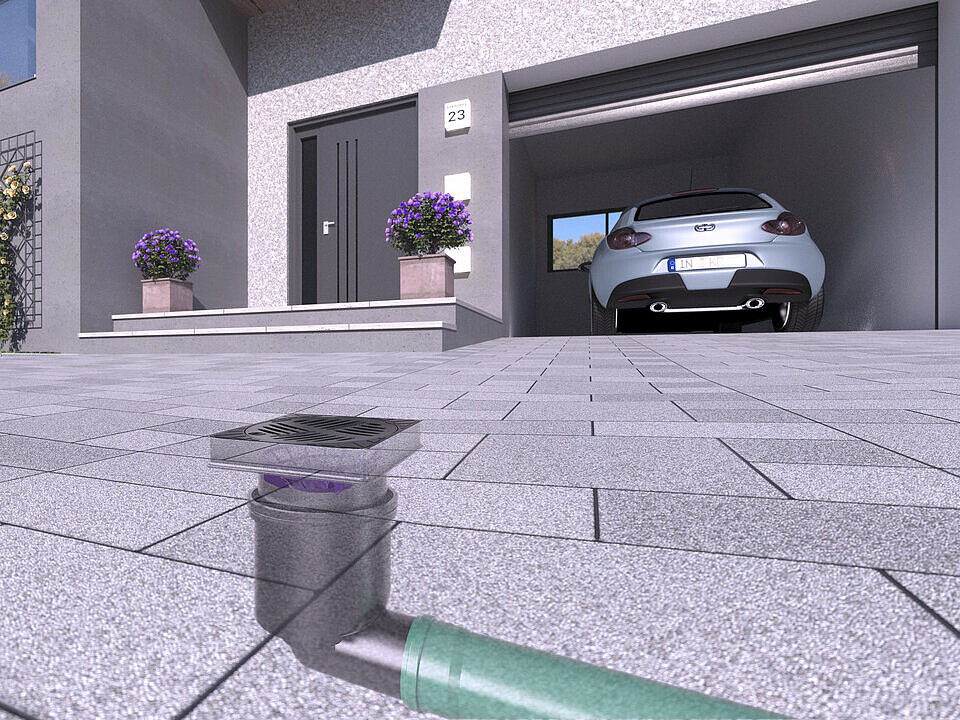 Inbouwvoorbeeld van de erfafvoer Ecoguss 200 met horizontale uitloop Inbouwvoorbeeld van de erfafvoer Ecoguss 200 met horizontale uitloop