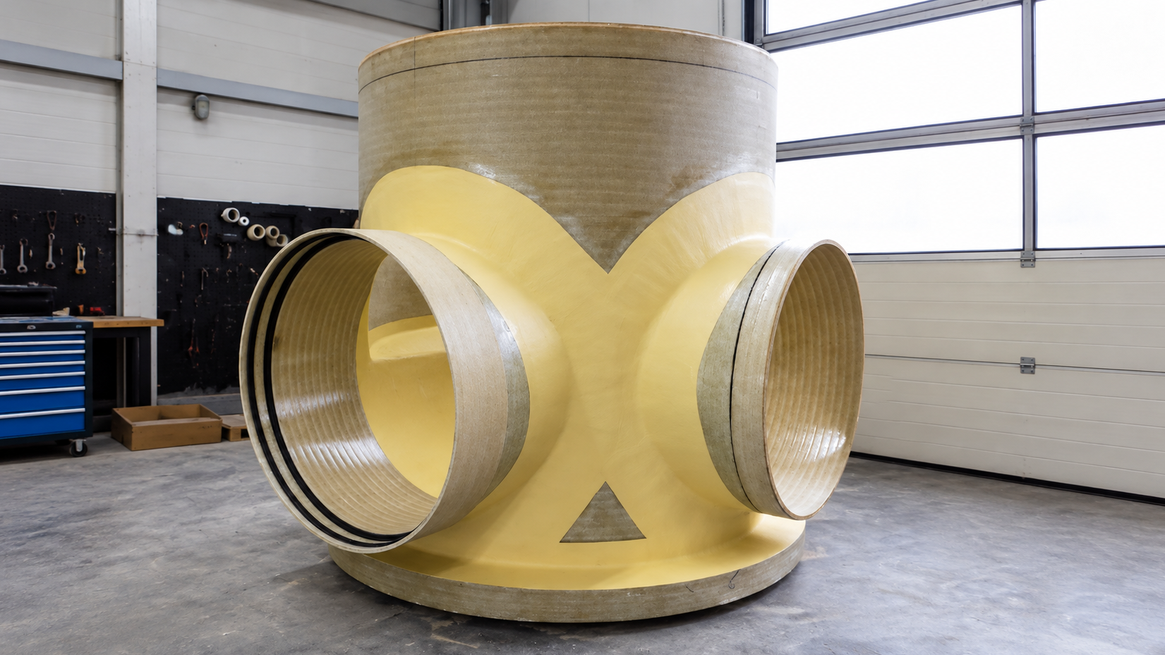 Robuuste schacht met een brede toevoergoot van kunststof, versterkt met glasvezel.
