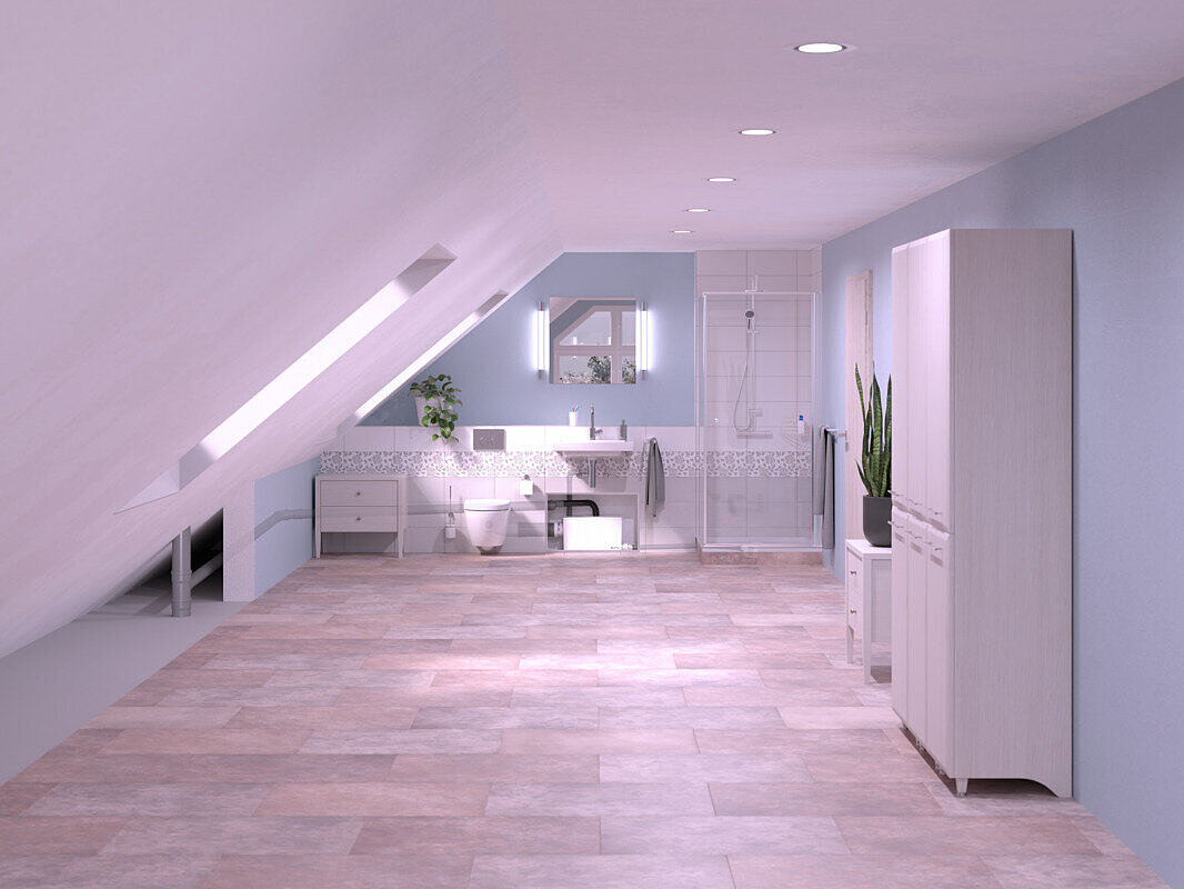 Inbouwweergave van een Minilift L WC-kleine opvoerinstallatie in een badkamer met schuin dak, voorzien van douche, wastafel en toilet. De Minilift L WC-kleine opvoerinstallatie is in een kast ingebouwd.