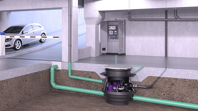 Weergave van de inbouw van de techniekmodule Ecolift XL in een ondergrondse parkeergarage Weergave van de inbouw van de techniekmodule Ecolift XL in een ondergrondse parkeergarage