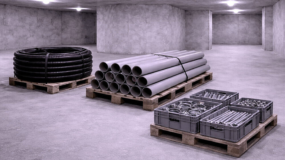 Schematische weergave van een kelderruimte met verschillende montagematerialen.