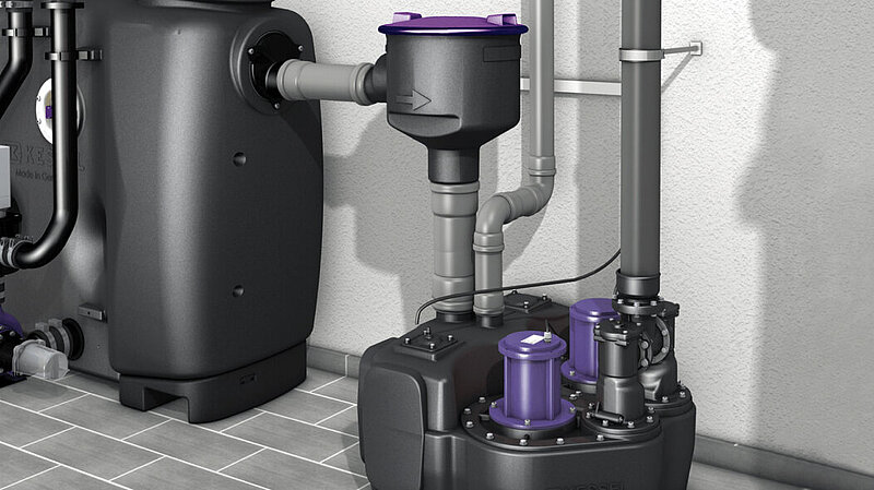 Installatievoorbeeld van de EasyClean free-vetafscheider met een achtergeschakelde Aqualift L-opvoerinstallatie Installatievoorbeeld van de EasyClean free-vetafscheider met een achtergeschakelde Aqualift L-opvoerinstallatie
