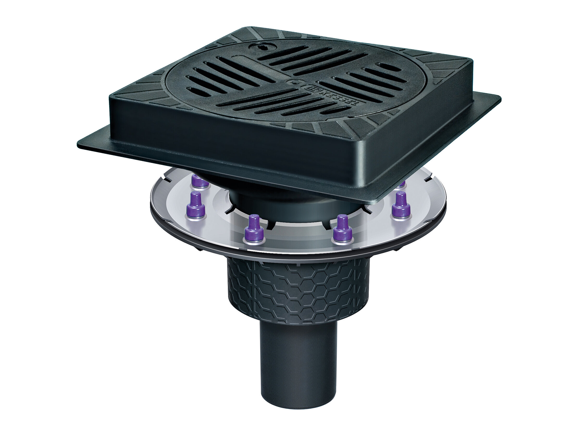 Afvoer voor parkeergarages, hoekig met basiselement Ecoguss en persafdichtingsflens Afvoer voor parkeergarages, hoekig met basiselement Ecoguss en persafdichtingsflens