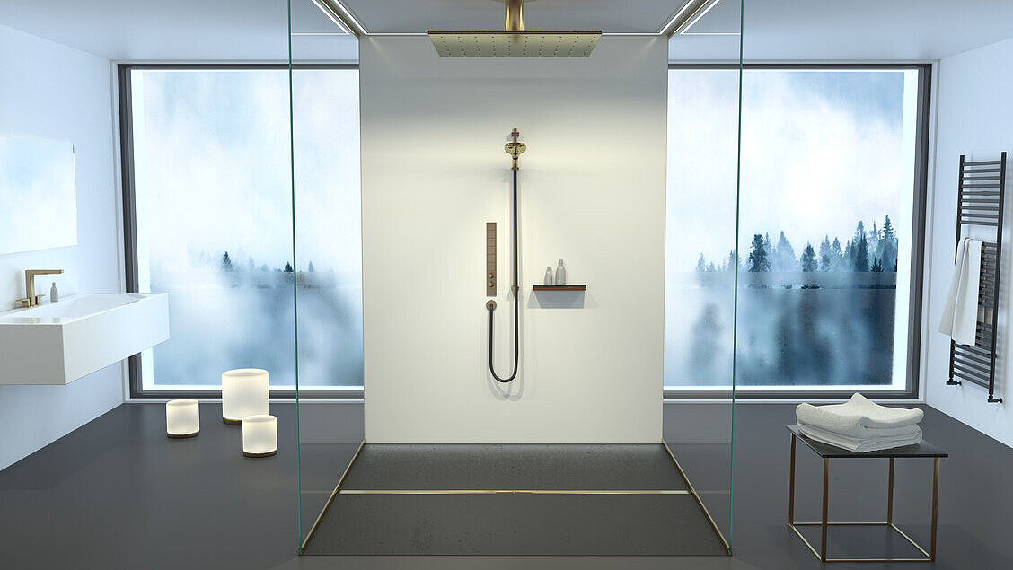 Lijnafwatering zonder einde met de douchegoot Linearis Infinity in een nieuwe badkamer