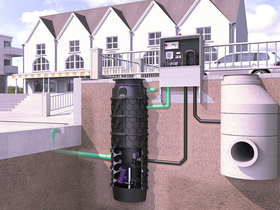 Inbouwvoorbeeld van het pompstation Aquapump XL, natte opstelling voor fecaliënvrij afvalwater