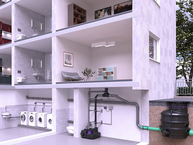Inbouwschema CleverVent Weergave van de inbouw van een opvoerinstallatie in een appartementencomplex, waarbij de ventilatieleiding uitmondt in de CleverVent-ventilatieverdeler, die onder het kelderplafond is gemonteerd!